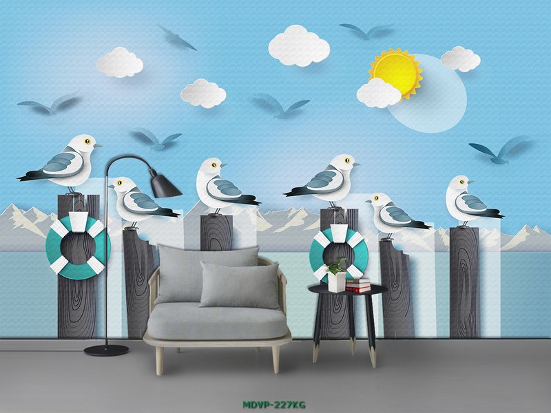 Tranh đàn chim trên cọc gỗ ven biển